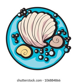 hand drawn graphic illustration of a shell and some snails under the sea, clip art isolated on white