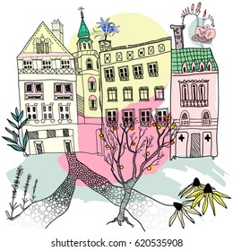 Hand drawn graphic illustration. Vector old town card