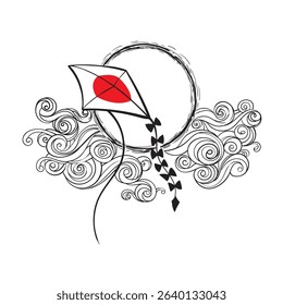 Hand drawn graphic image of a kite in the clouds in line art style