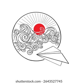 Hand drawn graphic image of stylish paper airplane with swirling clouds and sun