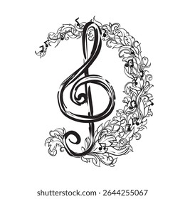 Hand drawn graphic image of stylish treble clef with wave of notes