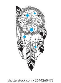 Hand drawn graphic image of a stylish dream catcher with beads and feathers as a symbol of protection from bad dreams