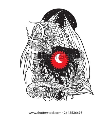 Hand drawn graphic image of stylish dragon with shield and crescent sign