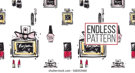 Hand drawn graphic lacquer, nailpolish, parfume, perfume, cologne, mascara, couple lipstick, lipstick. Contrasty glamour fashion seamless pattern in vogue style. Isolated elements on white background