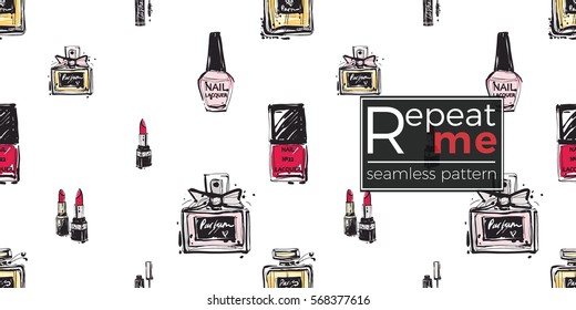  Hand drawn graphic lacquer, nailpolish, parfume, perfume, cologne, mascara, couple lipstick, lipstick. Contrasty glamour fashion seamless pattern in vogue style. Isolated elements on white background