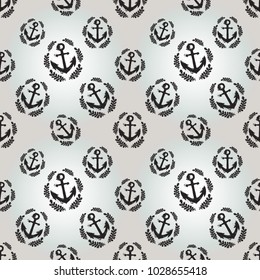Hand drawn graphic laurel anchor. Nautical vector summer kid fashion. Cartoon sea baby seamless pattern in retro style. Marine endless background.