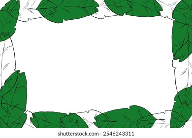 Hand drawn graphic leaves of tropical plants rectangle frame template for your text. Green rectangle horizontal floral frame with liana branches. Vector sketch. Space for text.
