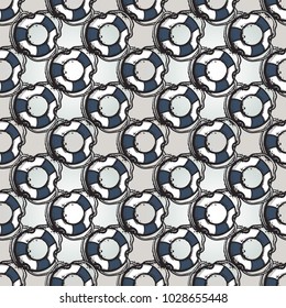 Hand drawn graphic lifebuoy. Nautical vector summer kid fashion. Cartoon sea baby seamless pattern in retro style. Marine endless background.
