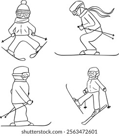 Handgezeichnete grafische Linien Zeichnungssatz von Ski-Illustrationen mit Skifahrern in Aktion mit dynamischen Posen, Hervorhebung Wintersport und Bewegung. Vektor Wintersport Umrisszeichnung auf weißem Hintergrund