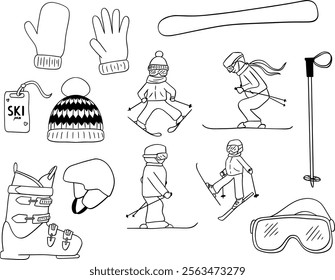 Hand drawn graphic line drawings set of skiing sport illustrations with skiers and ski equipment. Vector winter sport outline drawing on white background
