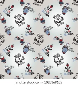 Hand drawn graphic lucky anchor, rabbit sailor, bear sailor, love sea anchor. Nautical vector summer kid fashion. Cartoon sea baby seamless pattern in retro style. Marine endless background.