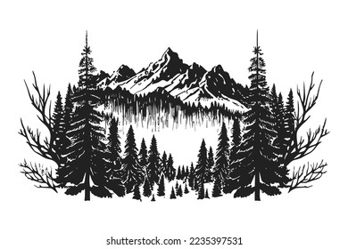 Cordilleras gráficas dibujadas a mano con bosque de pinos. El paisaje natural. Fondo de camping al aire libre en blanco y negro. vector