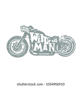 Hand drawn graphic old school vintage chopper motorcycle. Wild man biker style