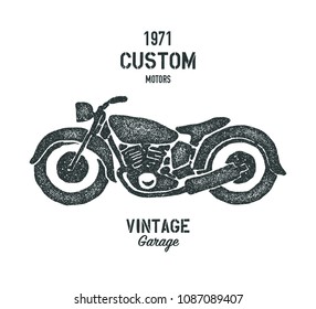 Motocicleta vintage de la vieja escuela dibujada a mano. Garaje vintage de tienda personalizada