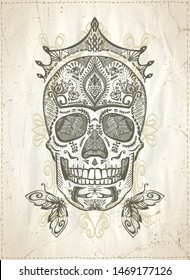 Hand drawn graphic ornamental decorated skull, sugar skull with crown