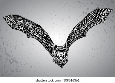 Hand drawn graphic ornate bat. Halloween vector illustration