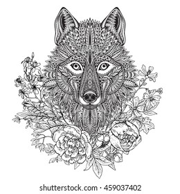 Hand drawn graphic ornate head of wolf with ethnic floral doodle pattern, peonies and other flowers. Vector illustration for coloring book, tattoo, print on t-shirt. Isolated on a white background.