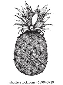 Hand drawn graphic ornate pineapple fruit. Black and white line art design for coloring book, t-shirt design, tattoo. Beautiful vector illustration.
