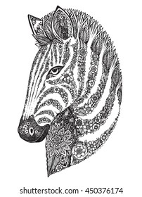 Hand drawn graphic ornate zebra head with ethnic floral doodle pattern. Vector illustration for coloring book, tattoo, print on t-shirt, bag. Isolated on a white background