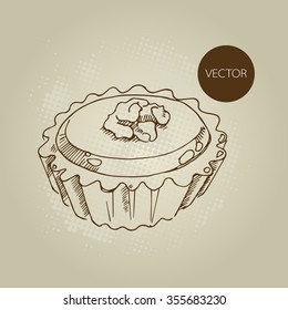 Hand drawn graphic painting. Vector illustration of walnut tartlet.