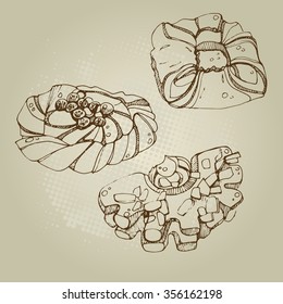 Hand drawn graphic painting. Vector illustration of pastry, bake.