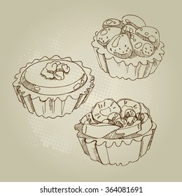 Hand drawn graphic painting. Vector illustration of fruit strawberry tartlet.