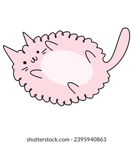 Hand Drawn graphic of a Pink curly cat with belly and paws in the air playful and smiling