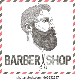 Hand drawn graphic portrait of bearded man with barber shop grunge text inscription 
