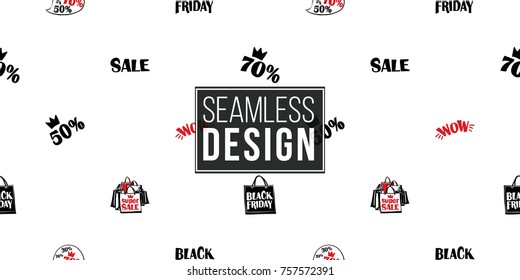 Hand drawn graphic promo 50, 70, sale, black friday, wow, speech, black friday shopping bag, sale shopping bags seamless pattern.