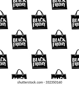 Hand drawn graphic promo black friday shopping bag seamless pattern. Contrasty ornament with glamour fashion decorative symbols and elements.