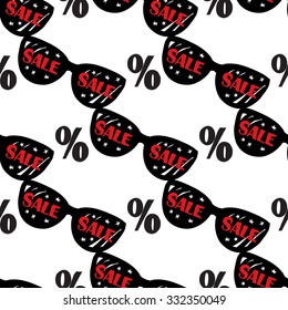 Hand drawn graphic promo discount, sunglasses, black glasses, cat eye glasses, wow, speech seamless pattern. Contrasty ornament with glamour fashion decorative symbols and elements.