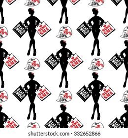 Hand drawn graphic promo model and speech seamless pattern. Contrasty ornament with glamour fashion decorative symbols and elements.