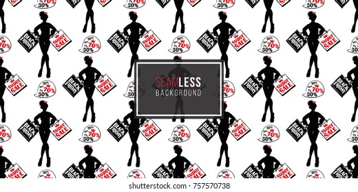 Hand drawn graphic promo model and speech seamless pattern. Contrasty ornament with glamour fashion decorative symbols and elements.