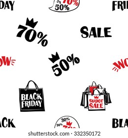 Hand drawn graphic promo sale, black friday, wow, speech, black friday shopping bag, sale shopping bags seamless pattern. Contrasty ornament with glamour fashion decorative symbols and elements.