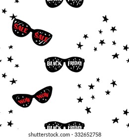 Hand drawn graphic promo stars, black glasses, sunglasses, cat eye glasses seamless pattern. Contrasty ornament with glamour fashion decorative symbols and elements.