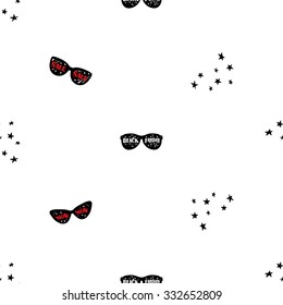 Hand drawn graphic promo stars, black glasses, sunglasses, cat eye glasses seamless pattern. Contrasty ornament with glamour fashion decorative symbols and elements.