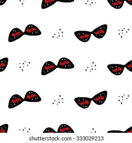 Hand drawn graphic promo stars, cat eye glasses, black glasses, wow seamless pattern. Contrasty ornament with glamour fashion decorative symbols and elements.