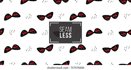 Hand drawn graphic promo stars, cat eye glasses, black glasses, wow, speech, black friday shopping bag, sale shopping bags seamless pattern.