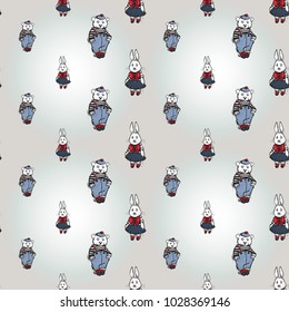Hand drawn graphic rabbit and bear. Nautical vector summer kid fashion. Cartoon sea baby seamless pattern in retro style. Marine endless background.