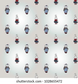 Hand drawn graphic rabbit and bear. Nautical vector summer kid fashion. Cartoon sea baby seamless pattern in retro style. Marine endless background.