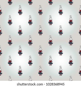 Hand drawn graphic rabbit. Nautical vector summer kid fashion. Cartoon sea baby seamless pattern in retro style. Marine endless background.