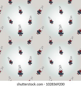 Hand drawn graphic rabbit. Nautical vector summer kid fashion. Cartoon sea baby seamless pattern in retro style. Marine endless background.