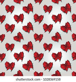Hand drawn graphic red bow. Nautical vector summer kid fashion. Cartoon sea baby seamless pattern in retro style. Marine endless background.