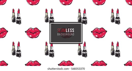 Hand drawn graphic red lip, couple lipstick, nailpolish, enamel. Contrasty glamour fashion seamless pattern in vogue style. Isolated elements on white background