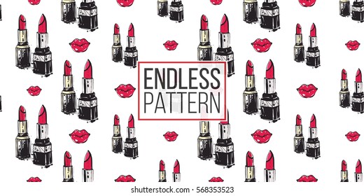 Hand drawn graphic red lip, couple lipstick, nailpolish, enamel. Contrasty glamour fashion seamless pattern in vogue style. Isolated elements on white background