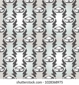 Hand drawn graphic sailor hat. Nautical vector summer kid fashion. Cartoon sea baby seamless pattern in retro style. Marine endless background.