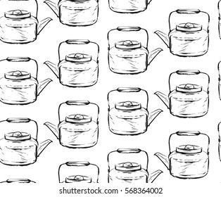 Hand drawn graphic seamless pattern with teapots in black and white colors.Tea ceremony concept.Design for tea shop,wrapping paper,business,web,shop.