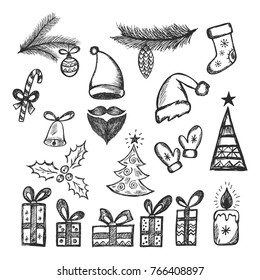 Hand drawn graphic set of christmas elements: santa hat, holly, branches, mittens, sock, gifts, fir, beard, bell, ball, candle. Holiday doodle design. Vector illustration isolated on white backgrround