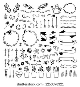Hand drawn graphic set with cute vector doodle elements, ribbons, arrows, wreaths, plants, florals. Lovely boho style illustrations on white background