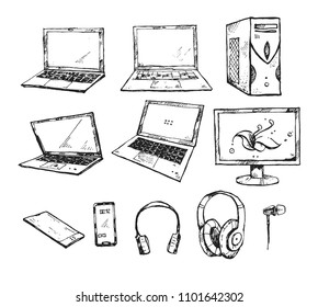 Hand drawn graphic set with PC, computer, monitor, laptop, headphones, smartphone. Collection of ink drawn elements isolated on a white background. Technology theme. 